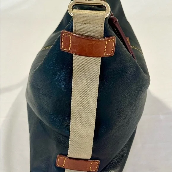 Dooney and Bourke bk purse, brass and silver hardware, yellow stitching, - Picture 8 of 16